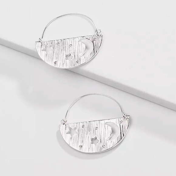 BOGO SALE Moon Star Silver Hoop Earrings - Picture 2 of 3